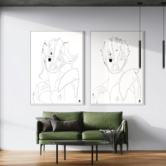 Stylized face sketched in simple lines, decorative modern abstract painting.