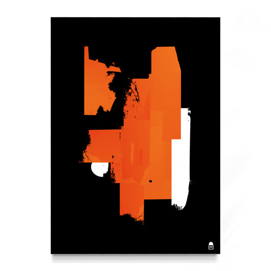 Contemporary abstract painting with vibrant orange shapes on a deep black background, creating a strong visual impact.