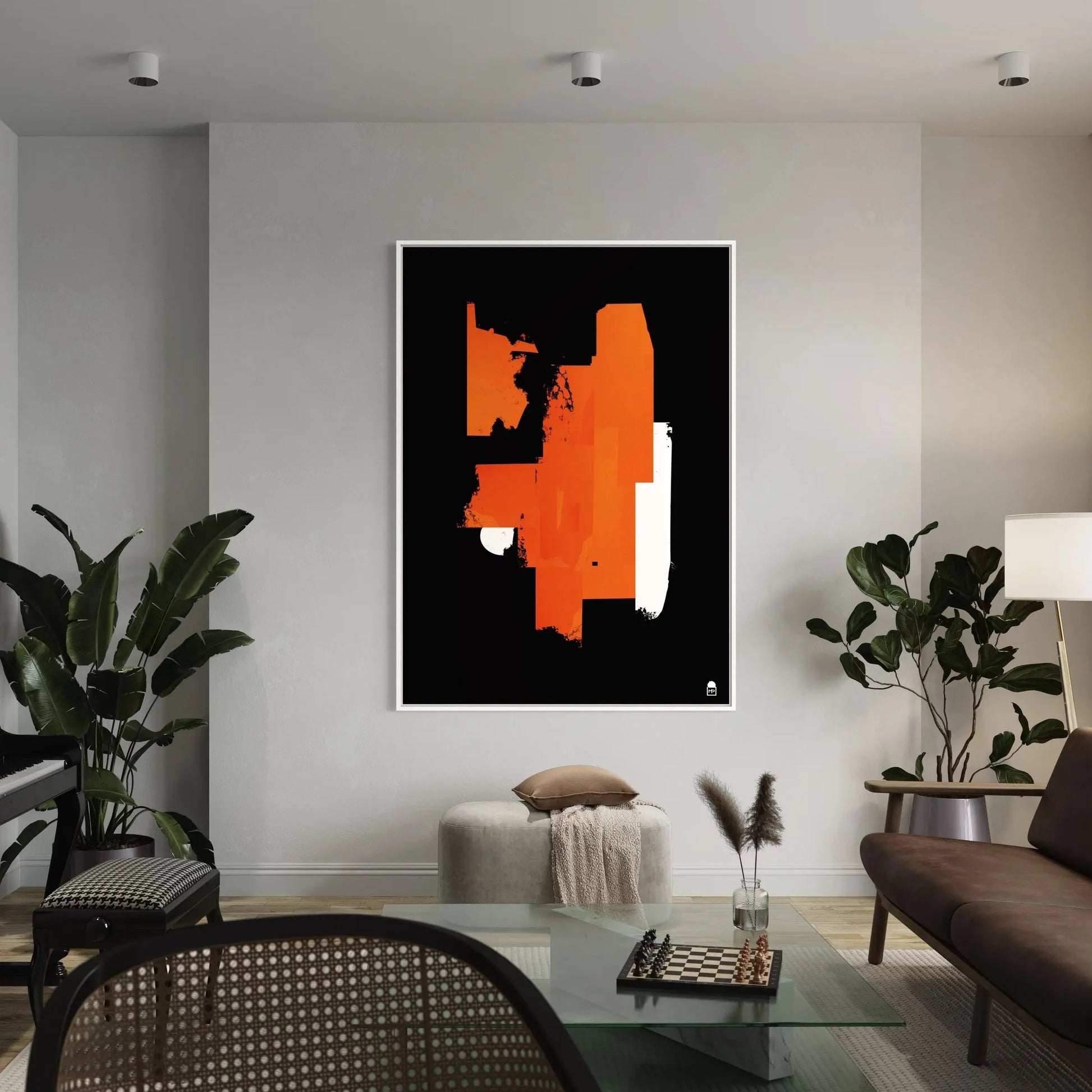 Modern artwork where bright orange dialogues with dark blocks, perfect for stylish wall decoration.