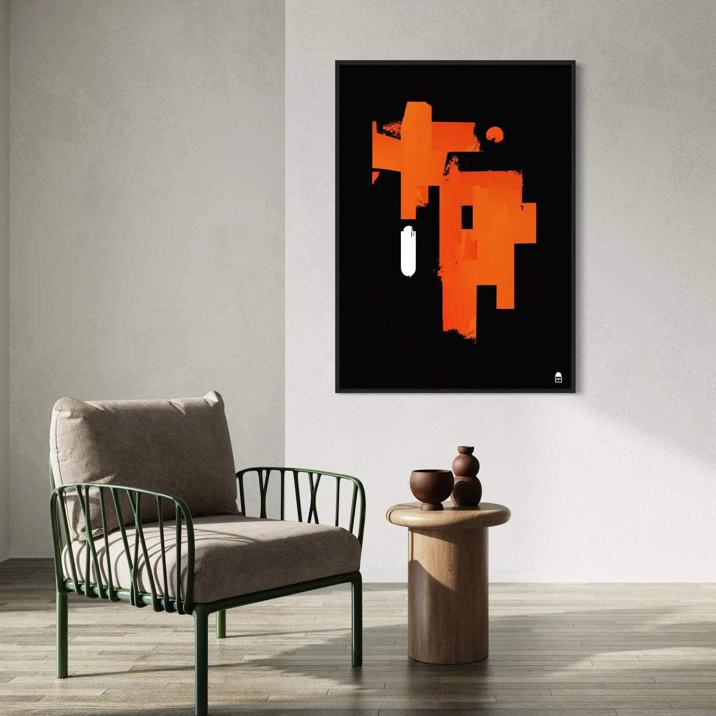 Modern abstract painting playing on the tension between bright masses and dark background, ideal for wall decoration.