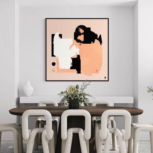 Abstract wall artwork where colored blocks overlap in a harmonious graphic play.