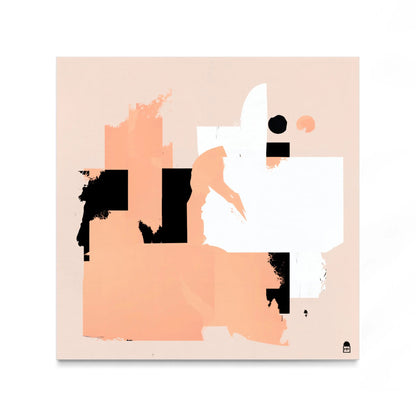 Contemporary abstract painting where deep black, bright white, and shades of pink meet.