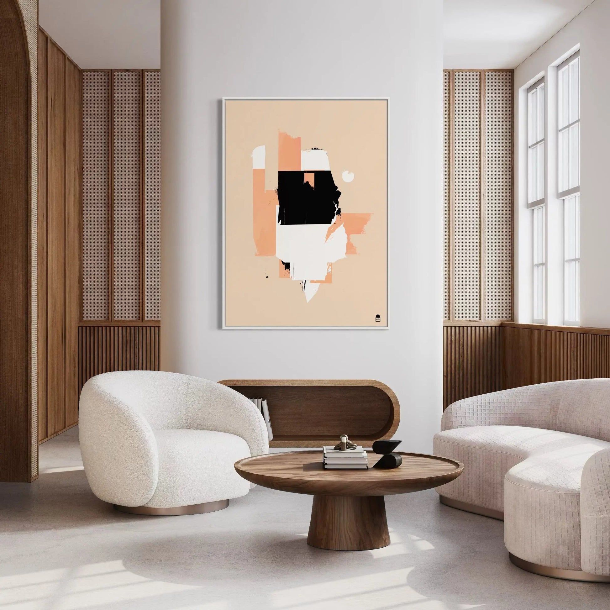 Modern abstraction where black and white masses dialogue with pinkish touches.