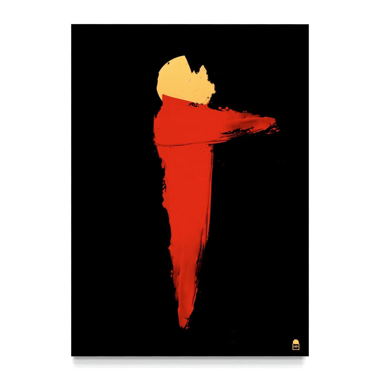 Contemporary abstract painting where a red and yellow silhouette emerges from a black background, strong and enigmatic.