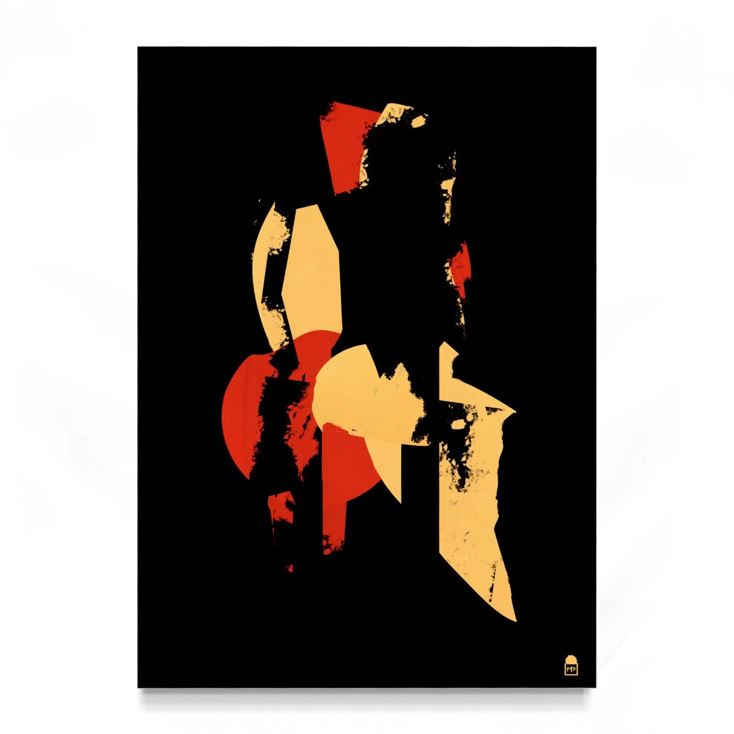 Contemporary abstraction where reds and yellows burst in a geometric play on a dark background.