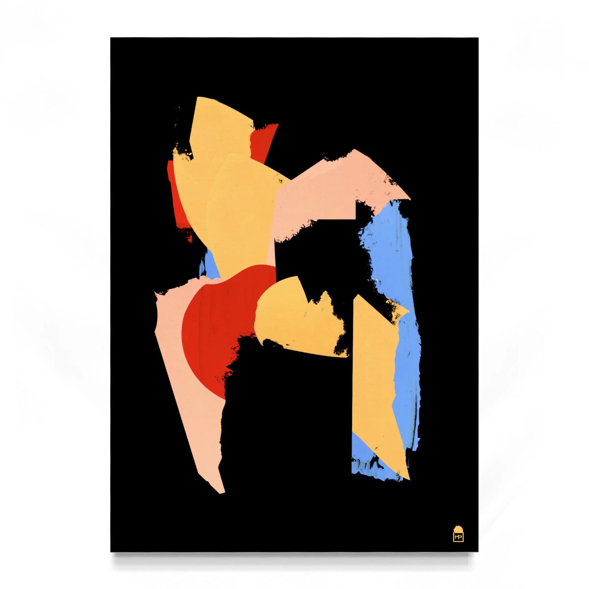 Colorful abstract artwork blending red, yellow, blue and pink on black, a modern and decorative painting.