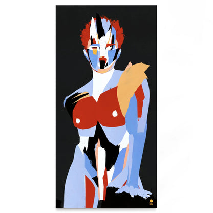 Abstract body in red and blue forms, contemporary painting ideal for wall decoration.