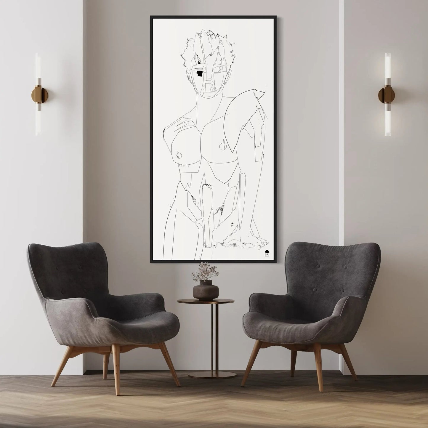 Silhouette sketched in simple strokes, decorative contemporary abstract painting.