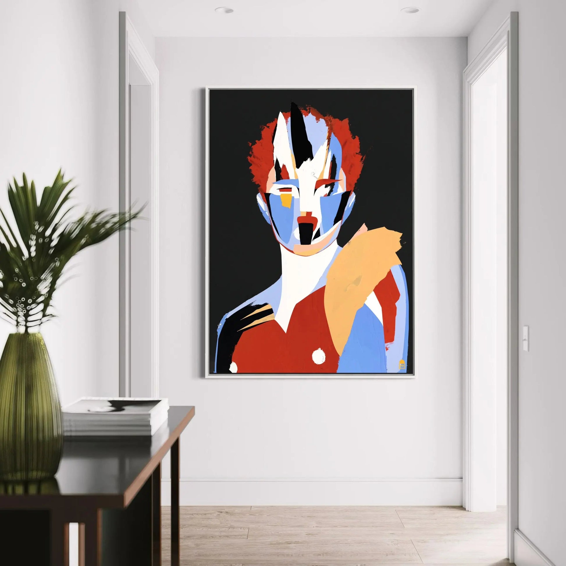 Fragmented silhouette in vivid tones, contemporary abstract wall painting.