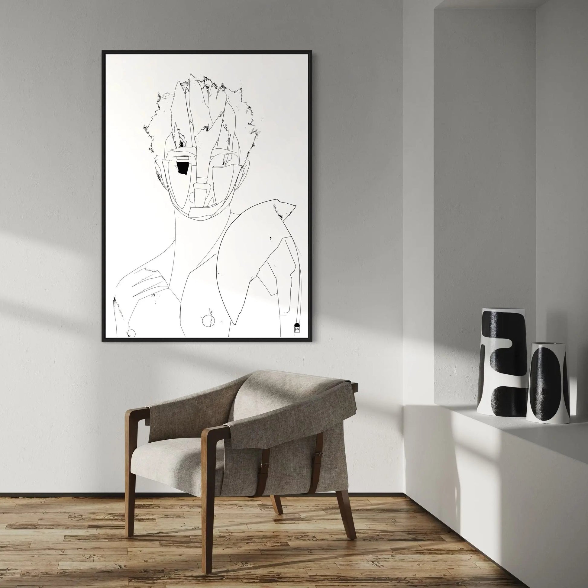 Black and white artwork, contemporary abstract painting ideal for decoration.